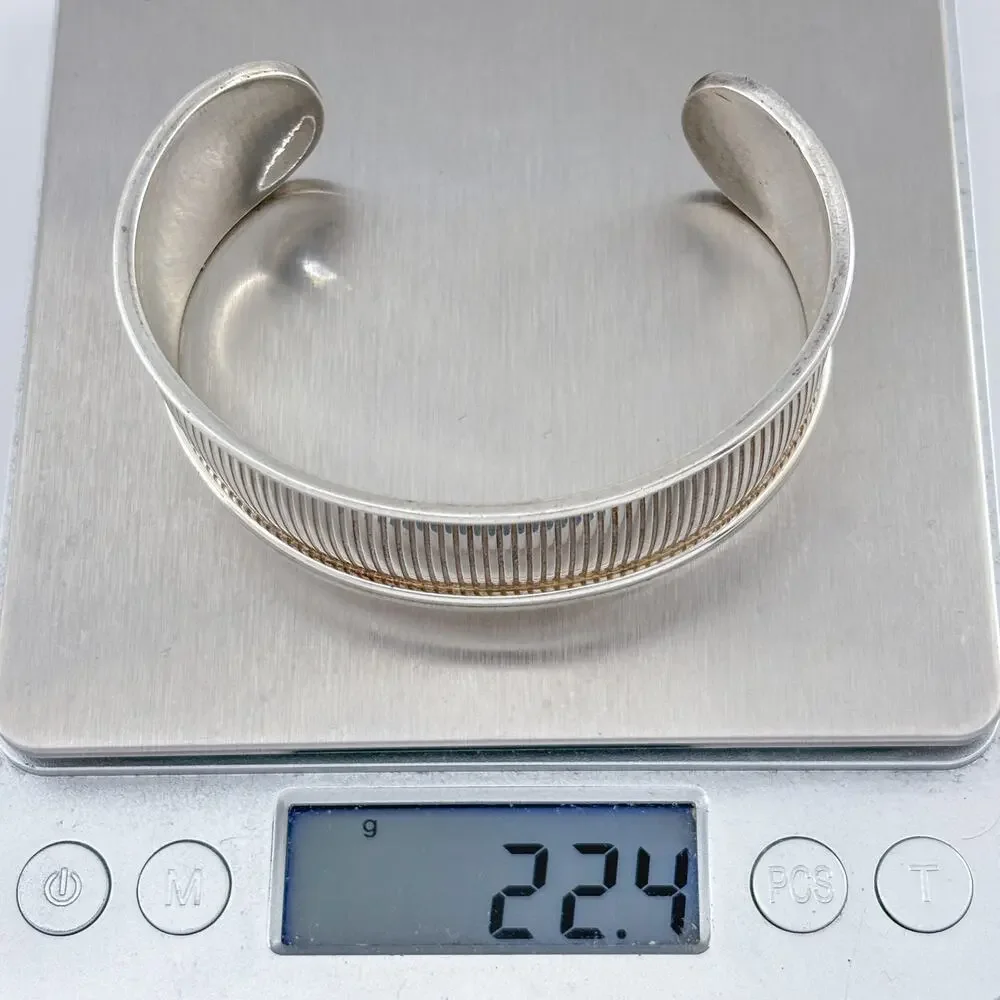 Vintage Sterling Silver 925 Ribbed Cuff Bracelet 7.25